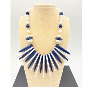 Vintage 1980s Navy and White Teardrop Bead Fan Necklace, Gold-Tone Accents